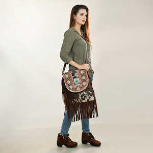 Handmade Cowhide Leather <b>Fringe</b> Crossbody <b>Bag</b> with Floral Tooled Design Turquoise Concho Western Boho Style for Women - Product Image 3