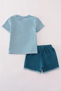 Conjunto de Pantalones Cortos con Bolsillos y Rayas Color Verde Azulado para Niños Honeydew, Estilo Casual Elegante, Rayas Audaces para las Aventuras Diarias de los Niños (Spandex/Algodón) - Product Image 2