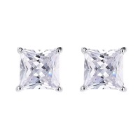 Aretes de Oro Blanco Sólido de 14K con Corte Princesa de 4 Quilates, Cierre de Rosca, Aretes Unisex, Joyería Fina con Simulación de Diamante, Regalo