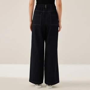 Pantalon en jean taille haute à jambe large pour femmes mélange de coton respirant motif solide Style décontracté Design avant plat pour le printemps automne - Product Image 5