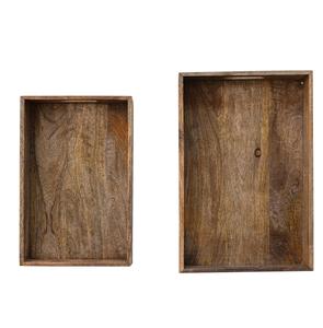 Bandejas decorativas de madera de mango tallado con asas y patrón de diamantes Juego natural de 2 bandejas ligeras para bocadillos de carne - Product Image 1