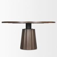 Table de salle à manger de cuisine en bois massif conique, base en bois, forme ronde, bords incurvés, dessus avec des grains naturels, finition brun foncé