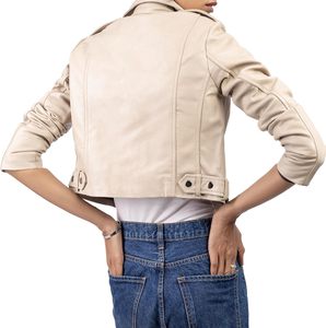 Chaqueta de cuero recortada Mujer Solapa Asimétrica Zip Up Moto Biker Abrigo corto con cinturón Dry Clean Only - Product Image 2