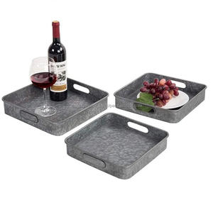 Ensemble de plateaux galvanisés plateau en métal avec poignée en bois Plateau de service en métal en acier galvanisé de forme rectangulaire pour la maison Décoratif - Product Image 4