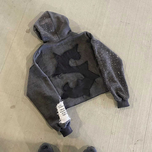 Sudadera con capucha y cremallera de algodón desgastado con etiqueta personalizada para hombres con parche bordado lavado con ácido estilo Vintage ropa de calle con diamantes de imitación - Product Image 2