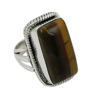 Bague Cocktail en Argent 925 avec Pierre Œil de Tigre, Sertissage Géométrique Rectangulaire, Style Vintage, Unisexe, Usage Quotidien - Product Image 2