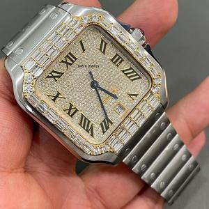 Montre automatique de luxe carrée antique en acier inoxydable avec cadran en verre Moissanite serti de diamants, style Hip Hop, cadran romain - Product Image 1