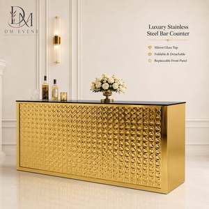 Barra de Bar Desmontable para Eventos de Hotel, con Panel Texturizado con Tachuelas de Acero Inoxidable Dorado Personalizado y Cubierta de Vidrio Templado Espejado - Product Image 2