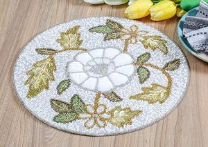 Set de table luxueux en or ivoire perlé avec motif floral et feuilles, perles de verre, décoration occasionnelle pour assiette de dîner - Or ivoire - Product Image 3