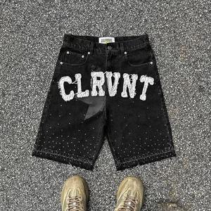 Short en jean streetwear personnalisé patch de broderie vieilli jorts évasés en strass shorts en jean pour hommes - Product Image 5