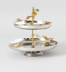 2-Tier Stainless Steel Cake Stand <b>Wedding</b> Dessert Fruit Stand With Brass Leaf And Flower Handle Design Cake Stand - Product Image 1