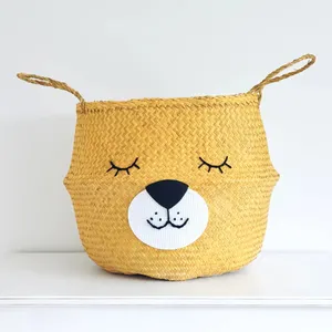 New cute baby lion round shape collapsible straw belly seagrass basket for storage kids room decor water hyacinth wicker home