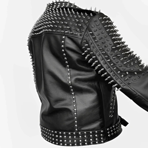 เสื้อแจ็กเก็ตนักขี่จักรยานหนังวัวแท้สีดำมีซิปปิดและกระเป๋า - Product Image 3