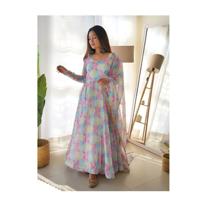 Wholesale Quantity Supplier Selling Top Quality Wedding Wear Designer New Tabby <b>Silk</b> <b>Organza</b> Printed Kurti Gown - Product Image 1