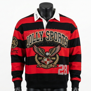 เสื้อรักบี้ผู้ชายผ้าคอตตอนเจอร์ซีย์เนื้อหนา สีแดงดำลายทาง คอเสื้อปักโลโก้ตามสั่ง เสื้อรักบี้ผู้ชายสำหรับเสื้อโปโล - Product Image 3