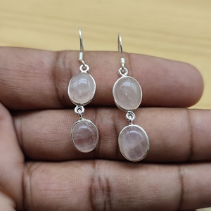 925 Sterling <b>Silver</b> Rose Quartz Gemstone <b>Long</b> <b>Earring</b> Bezel <b>Silver</b> <b>Earring</b> Handmade Dangle Drop Wedding Party Wear - Product Image 4