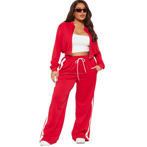 Ensemble de survêtement d'entraînement pour femme, style vintage décontracté, hiver, uni, avec logo personnalisé brodé, taille plus, sweat-shirt court et pantalon de survêtement évasé, 100% - Product Image 1