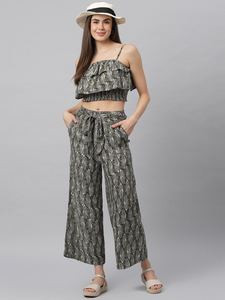 Custom Made Leaf Printed Smocked Ruffled Top with Knotted <b>Trouser</b> Co Ord Set Suitable for Boutique Clients and Garment Resellers - Product Image 5