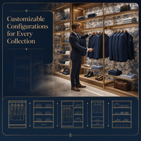 Conjunto de estanterías para tienda de ropa masculina con mostrador blanco acanalado y expositor de madera cálida para prendas de punto, mobiliario para boutique de ropa masculina