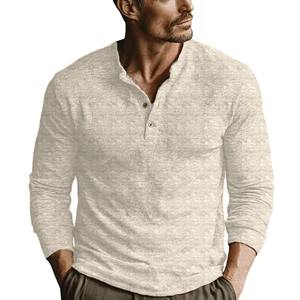 <b>Men's</b> Henry Collar Casual T-Shirt Long-Sleeve Solid Color Slim-Fit <b>Stretchy</b> Half-Button Placket for Everyday Wear - Product Image 1
