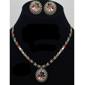 Hermoso conjunto de colgante con tachuelas Navratana con acabado dorado y blanco glamuroso con pendientes AD Stones para ropa de fiesta de boda para mujer - Product Image 1