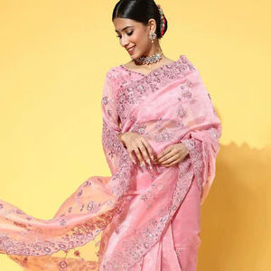Femmes modernes Designer Khadi Organza Rose Saree avec Blouse Ethnique Confortable et Élégant Mariage Bollywood Fête Porter Pour Les Femmes - Product Image 1