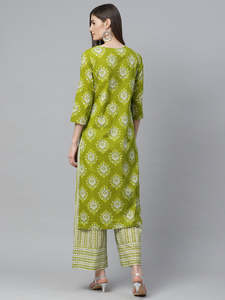 Toile verte pour femmes solide séchage rapide longueur de la cheville plissée Kurta & Palazzo ensemble Style d'été formel - Product Image 2