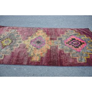 Turkish Vintage Rug 4.2x9 ft, <b>Red</b> Area Floral <b>Wool</b> Rug - Product Image 3
