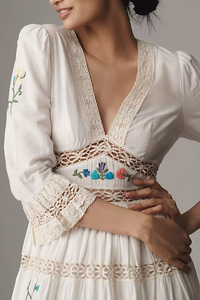 Robes maxi pour femmes à manches courtes vintage 2025, nouveau design ouvert, broderie, taille naturelle, lavable, 100% coton tissé, décontracté - Product Image 6