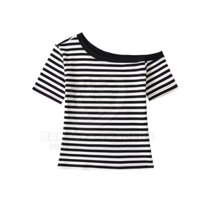 Camiseta de moda informal de verano de manga corta para mujer, diseño asimétrico de 4 colores, tejido de poliéster con estampado de rayas transpirable - Product Image 6