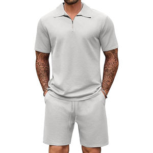 Tenues de sport de jogging athlétique gris clair respirant pour hommes ensemble de 2 pièces polo à fermeture éclair et short ensemble de survêtement - Product Image 2