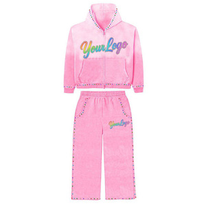 Nuevo diseño Otoño Vintage Washed Streetwear Conjunto de dos piezas con capucha Invierno Personalizado Multicolor Rhinestone Sun Faded Sweatsuit Chándal - Product Image 3