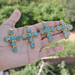 Pendentif en amazonite naturelle taille coussin, plaqué or 18 carats, en laiton, style hip-hop, avec croix chrétienne Jésus, cadeau pour femme - Product Image 2