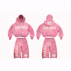 Ensemble sweat à capuche et short unisexe personnalisé 2026, style streetwear oversize avec ourlet déchiré et imprimé lettres de marque audacieuses - Product Image 2