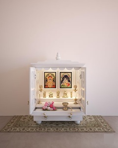 Carved Wooden Temple Handmade Hindu <b>Mandir</b> Solid Wood Prayer Altar Elegant Home Decor White Polish Living Room KA1015 - Product Image 1