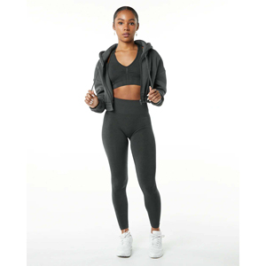 Sweats à capuche classiques à fermeture éclair pour femmes 55% coton 45% Spandex Style d'épaule goutte surdimensionné coupe courte hiver à capuche couleur fumée - Product Image 4