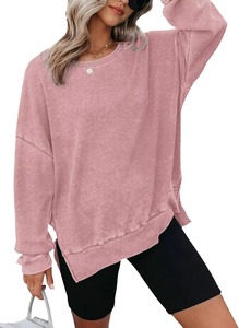 Confortable femmes surdimensionné gaufré tricot col rond sweats à manches longues fentes latérales pull décontracté sweat hauts - Product Image 2