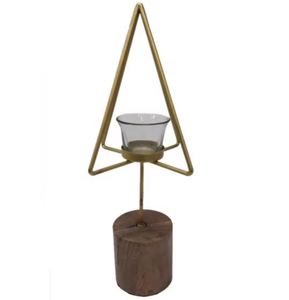 Best Quality Home Decoration Iron Wood T-Light Holder BrassColour Iron Wire and Wooden Base Candle Stand Candle Holder Available - Product Image 1