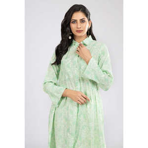 เสื้อเชิ้ตผ้าป๊อปลินพิมพ์ลายสีเขียวสำหรับผู้หญิง ฟรีไซส์ XL สไตล์ลำลองแบบตะวันตก ตกแต่งกระดุม ทรงยาว สำหรับฤดูใบไม้ร่วง ฤดูใบไม้ผลิ ฤดูร้อน - Product Image 1