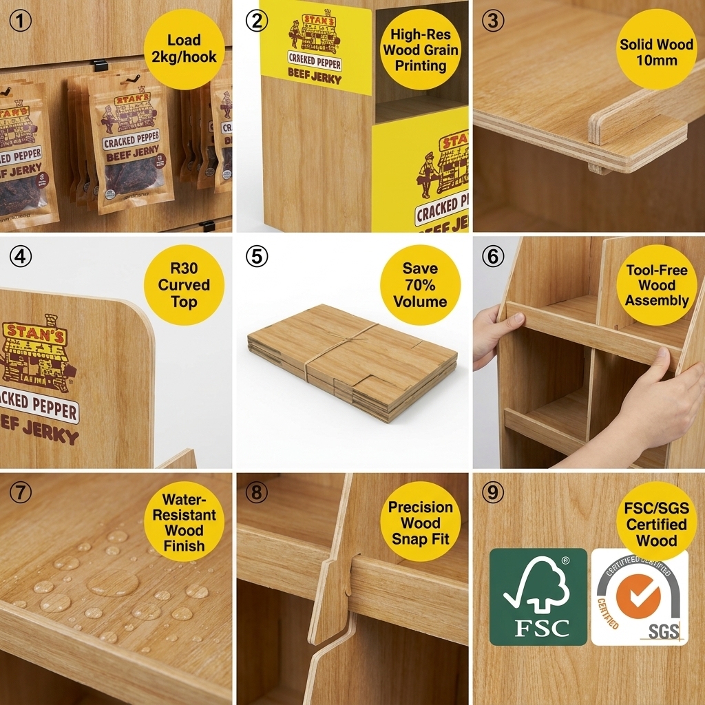 Custom Wooden Beef Jerky Display Rack | Floor Standing Snack Food Display Stand with Hooks & Shelves | Retail Store Display Rack — view 5