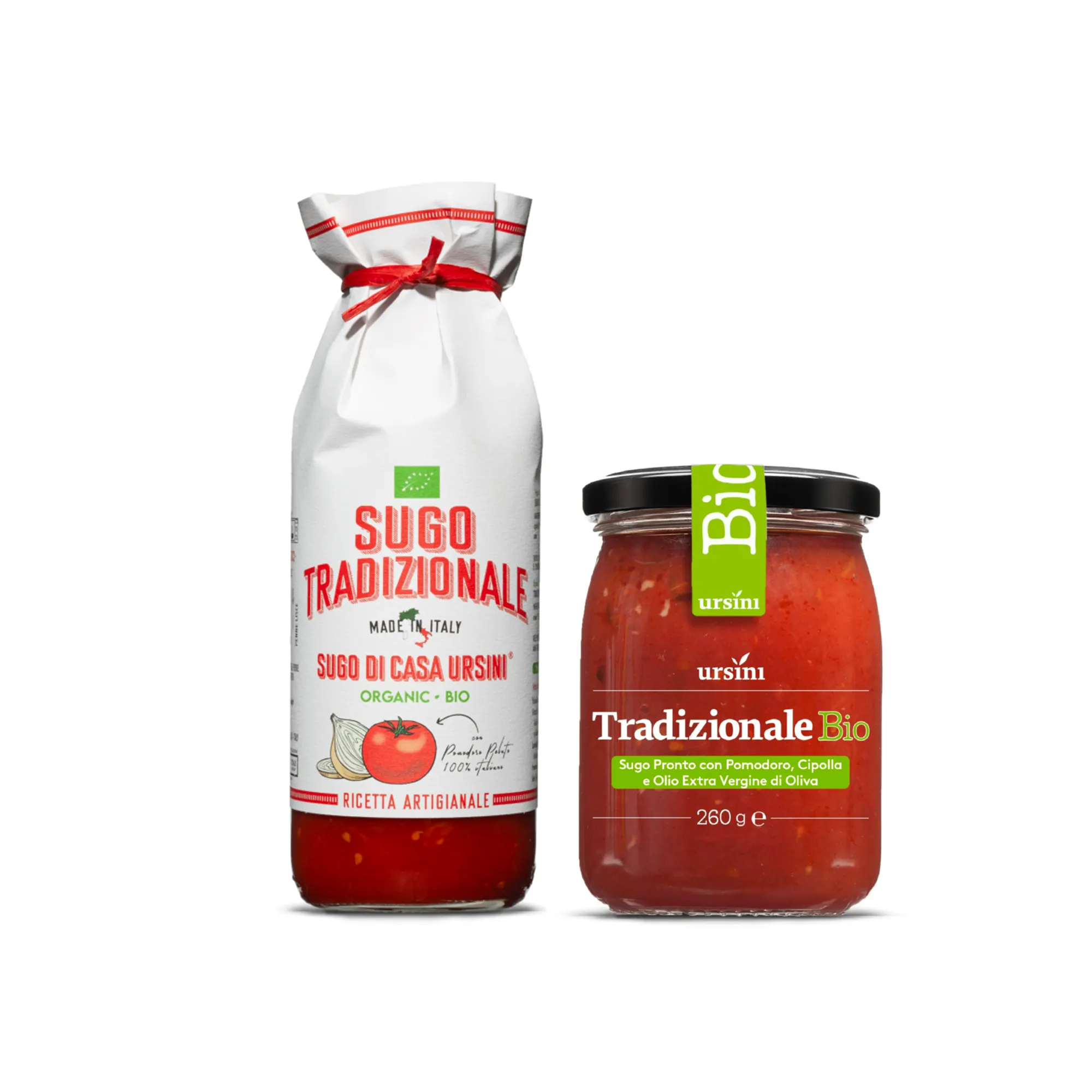 Ursini Paar italienische Bio-Bio-Saucen mit Tomaten und Zwiebeln 260 g und 500 ml für den Einzelhandel