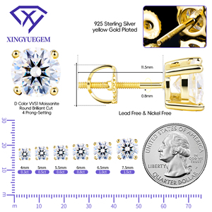 Bijoux fins pour femmes et filles, argent 925 plaqué or jaune, 6,5 mm, 1 carat, boucles d'oreilles serties de diamants moissanite couleur D VVS - Product Image 2