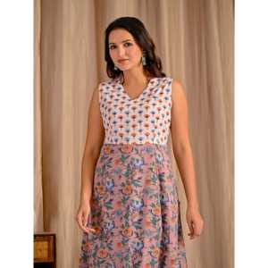 Vestido de algodón beige sin mangas con cintura natural, estampado, transpirable, informal, con cuello halter, talla única para uso diario en casa, ODM - Product Image 1