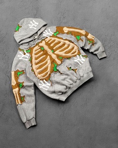 เสื้อฮู้ดกะโหลกแบบสวมหัวมีฮู้ดคู่โอเวอร์ไซส์งานปักลายโครงกระดูกมีรอยกรดซักสำหรับผู้ชาย - Product Image 1