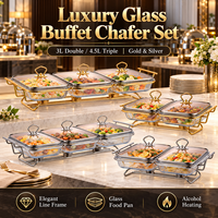 Plat de service en verre 4,5 L avec cadre en acier inoxydable doré, chauffe-plat à alcool pour buffet, idéal pour hôtels, restaurants et traiteurs (vente en gros)