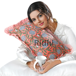 Funda de Almohada Lumbar RIDHI Rosa Salmón Oscuro 12x20 Pulgadas con Volantes, Estampado a Mano en Algodón, Personalizable, Extraíble y Lavable, Decoración para Sofá y Cama - Product Image 1