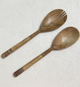 Serveur à salade en bois de manguier poli, manche en marbre terrazzo pour ustensiles de cuisine, vaisselle, outil à salade, couverts en bois, cuillère et fourchette - Product Image 6