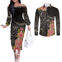 Vêtements de Couples à Imprimé Tribal Polynésien Personnalisé, Tenues Assorties, Robe Mumu Stretch Micronésienne et Chemise Homme Aloha 2Pcs Ensemble