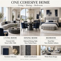 Ensemble de canapés modernes, canapé tissé gris brume, fauteuils capitonnés bleu marine, table basse aspect pierre anthracite, lit rembourré, meubles sur mesure