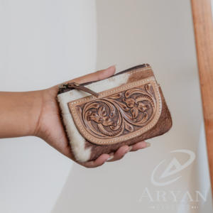 New Hand Tooled Hair on Genuine Leather Western Women Change Purse Cowhide Leather Zipper <b>Coin</b> Pouch Custom Leather Mini Wallet - Product Image 2